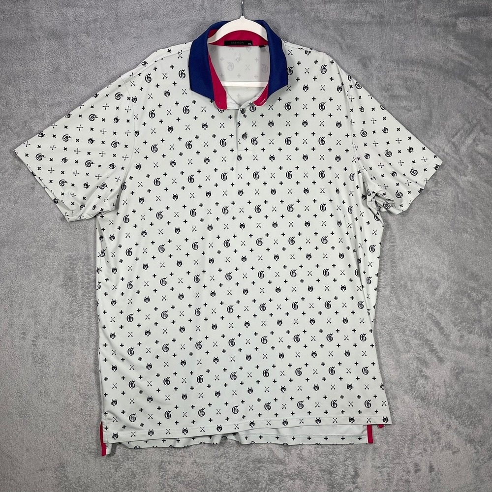 Greyson Golf Polo Mens XXL White Navy Wolf Performance Short Sleeve Shirt READ